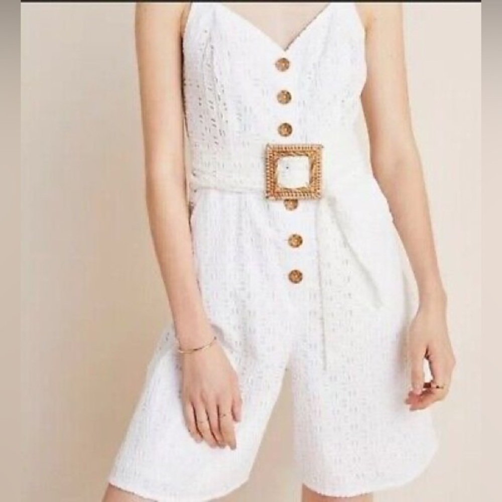 Anthropologie Ivory Eyelet Belted Jumpsuit Romper Women’s Size 2